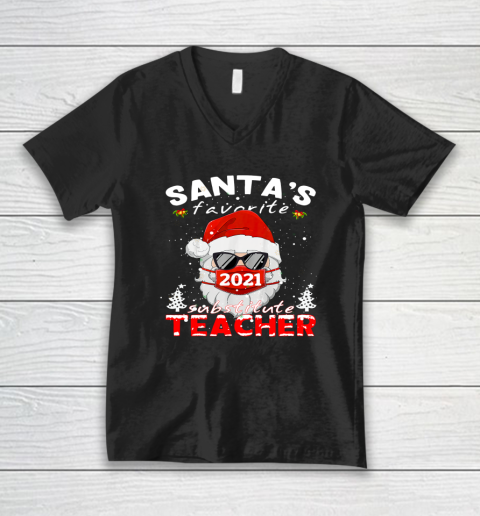 Santa's Favorite Substitute Teacher Christmas Santa Face V-Neck T-Shirt