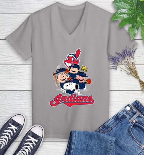 MLB Cleveland Indians Snoopy Charlie Brown Woodstock The Peanuts Movie Baseball T Shirt_000 Women's V-Neck T-Shirt 4