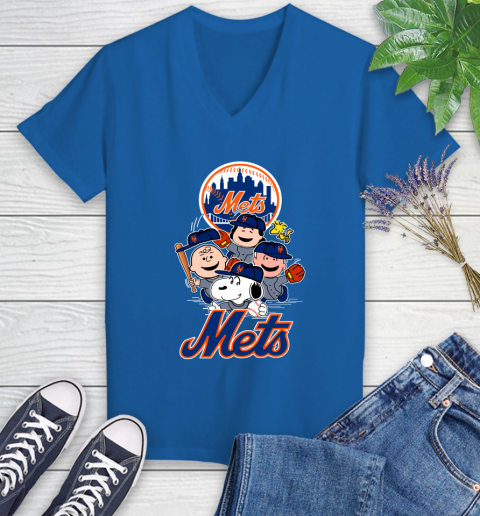 MLB New York Mets Snoopy Charlie Brown Woodstock The Peanuts Movie Baseball T Shirt Women's V-Neck T-Shirt 10