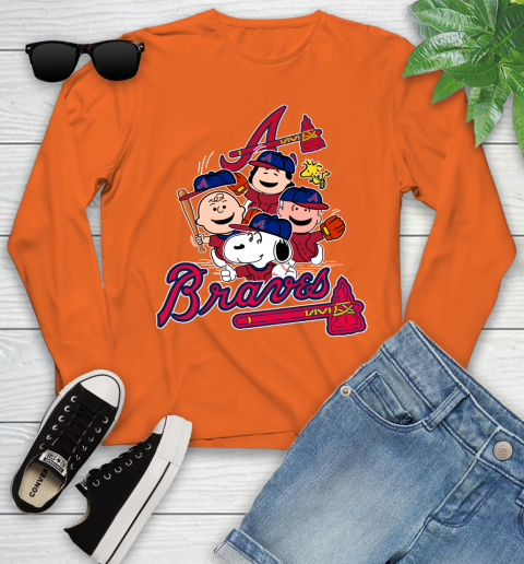 MLB Atlanta Braves Snoopy Charlie Brown Woodstock The Peanuts Movie Baseball T Shirt Youth Long Sleeve 3
