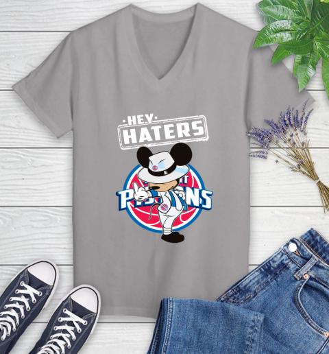 NBA Hey Haters Mickey Basketball Sports Detroit Pistons Women's V-Neck T-Shirt 4