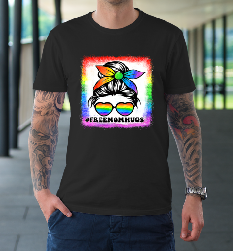 Free Mom Hugs Bleached Rainbow Messy Bun LGBT Pride T-Shirt