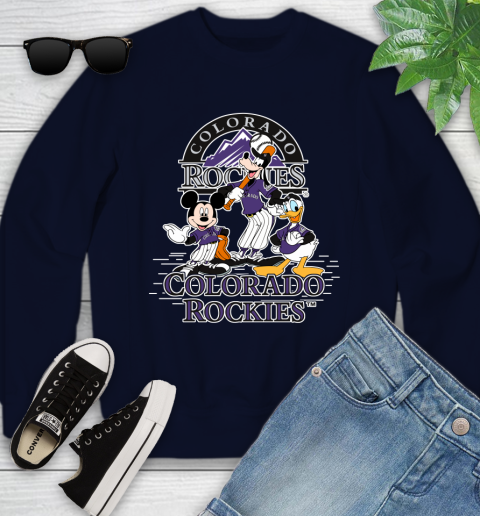 MLB Colorado Rockies Mickey Mouse Donald Duck Goofy Baseball T Shirt Youth Sweatshirt 2