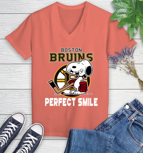 NHL Boston Bruins Snoopy Perfect Smile The Peanuts Movie Hockey T Shirt Women's V-Neck T-Shirt 6