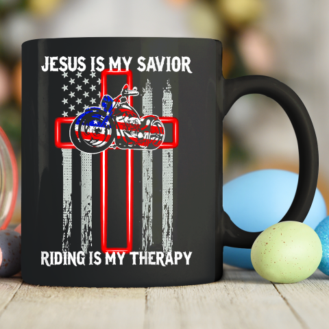 Jesus Is My Savior Riding Is My Therapy American Flag Cross Ceramic Mug 11oz 4