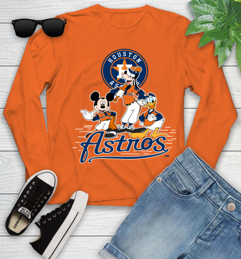 MLB Houston Astros Mickey Mouse Donald Duck Goofy Baseball T Shirt Youth Long Sleeve 3