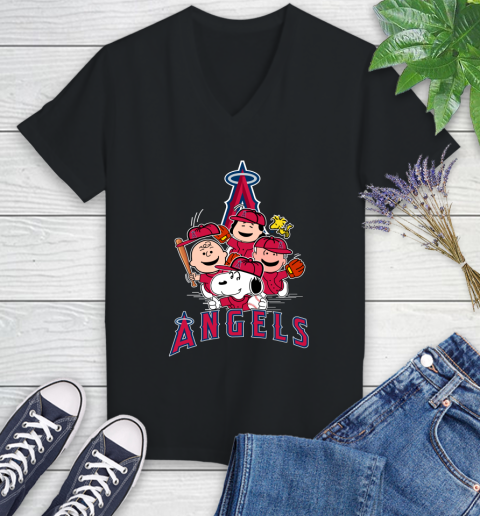 MLB Los Angeles Angels Snoopy Charlie Brown Woodstock The Peanuts Movie Baseball T Shirt_000 Women's V-Neck T-Shirt