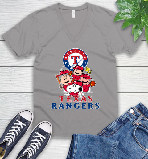 MLB Texas Rangers Snoopy Charlie Brown Woodstock The Peanuts Movie Baseball T Shirt V-Neck T-Shirt 3