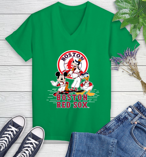 MLB Boston Red Sox Mickey Mouse Donald Duck Goofy Baseball T Shirt Women's V-Neck T-Shirt 5