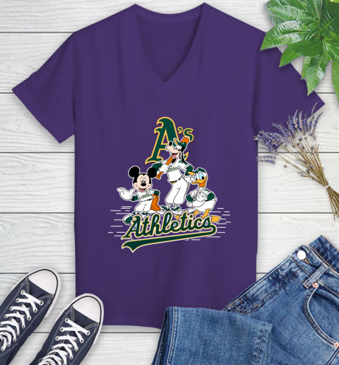 MLB Oakland Athletics Mickey Mouse Donald Duck Goofy Baseball T Shirt Women's V-Neck T-Shirt 3