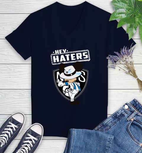 NBA Hey Haters Mickey Basketball Sports Brooklyn Nets Women's V-Neck T-Shirt 2