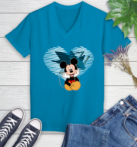 NHL San Jose Sharks The Heart Mickey Mouse Disney Hockey Women's V-Neck T-Shirt 7