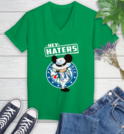 NBA Hey Haters Mickey Basketball Sports Philadelphia 76ers Women's V-Neck T-Shirt 5
