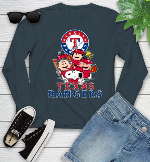 MLB Texas Rangers Snoopy Charlie Brown Woodstock The Peanuts Movie Baseball T Shirt Youth Long Sleeve 9