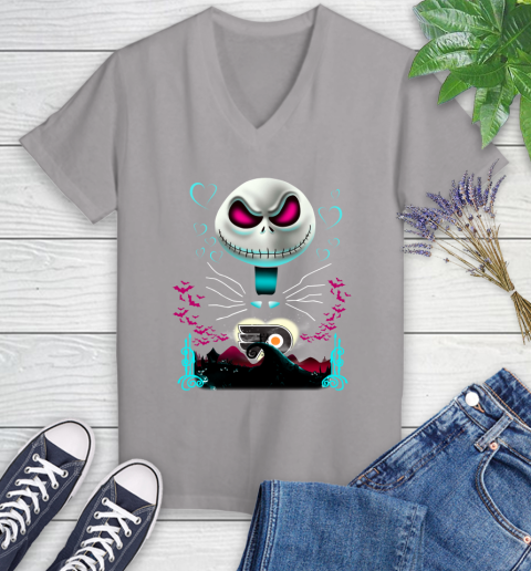 NHL Philadelphia Flyers Jack Skellington Sally The Nightmare Before Christmas Hockey Women's V-Neck T-Shirt 4