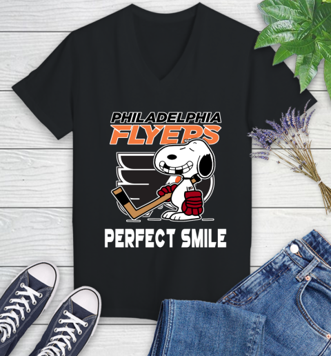 NHL Philadelphia Flyers Snoopy Perfect Smile The Peanuts Movie Hockey T Shirt Women's V-Neck T-Shirt