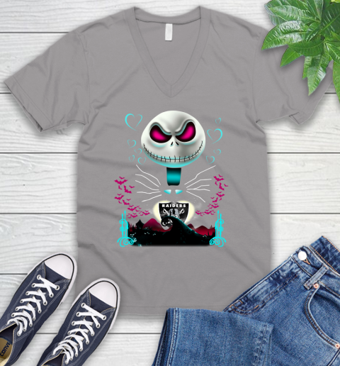 NFL Oakland Raiders Jack Skellington Sally The Nightmare Before Christmas Football V-Neck T-Shirt 3