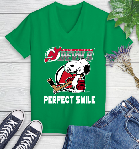 NHL New Jersey Devils Snoopy Perfect Smile The Peanuts Movie Hockey T Shirt Women's V-Neck T-Shirt 5