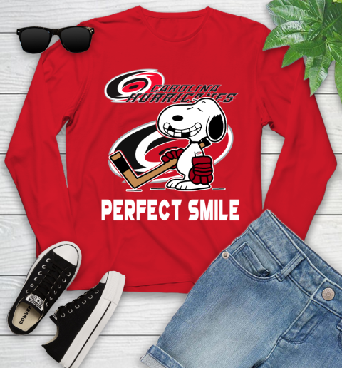 NHL Carolina Hurricanes Snoopy Perfect Smile The Peanuts Movie Hockey T Shirt Youth Long Sleeve 11