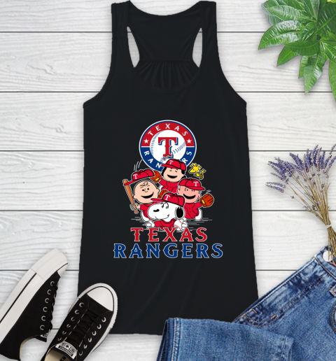 MLB Texas Rangers Snoopy Charlie Brown Woodstock The Peanuts Movie Baseball T Shirt Racerback Tank