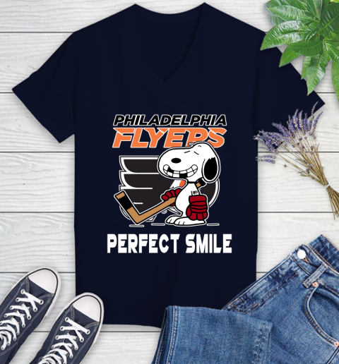 NHL Philadelphia Flyers Snoopy Perfect Smile The Peanuts Movie Hockey T Shirt Women's V-Neck T-Shirt 2