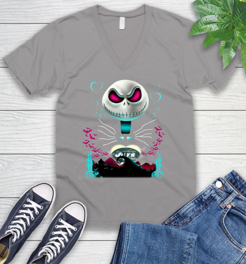 NFL New York Jets Jack Skellington Sally The Nightmare Before Christmas Football V-Neck T-Shirt 3