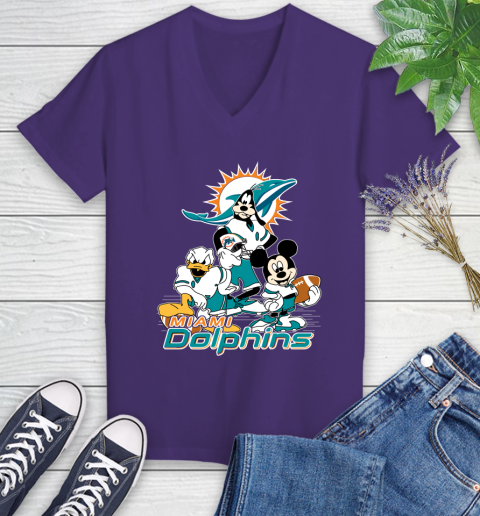 NFL Miami Dolphins Mickey Mouse Donald Duck Goofy Football Shirt Women's V-Neck T-Shirt 3