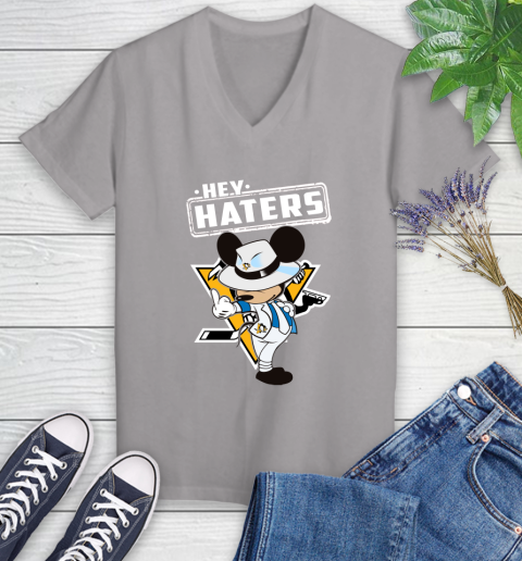 NHL Hey Haters Mickey Hockey Sports Pittsburgh Penguins Women's V-Neck T-Shirt 4
