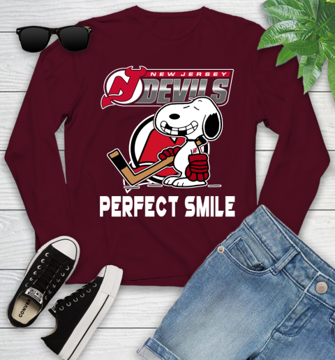 NHL New Jersey Devils Snoopy Perfect Smile The Peanuts Movie Hockey T Shirt Youth Long Sleeve 6