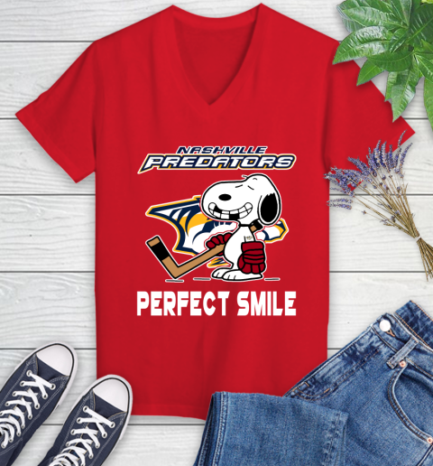 NHL Nashville Predators Snoopy Perfect Smile The Peanuts Movie Hockey T Shirt Women's V-Neck T-Shirt 11