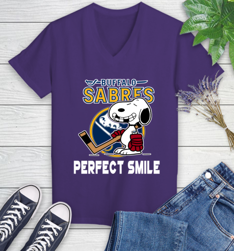 NHL Buffalo Sabres Snoopy Perfect Smile The Peanuts Movie Hockey T Shirt Women's V-Neck T-Shirt 3