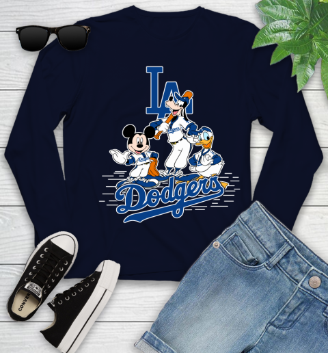 MLB Los Angeles Dodgers Mickey Mouse Donald Duck Goofy Baseball T Shirt Youth Long Sleeve 2