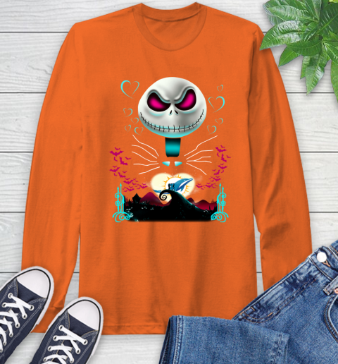 NFL Miami Dolphins Jack Skellington Sally The Nightmare Before Christmas Football Long Sleeve T-Shirt 4