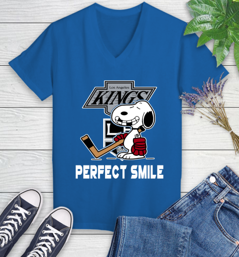 NHL Los Angeles Kings Snoopy Perfect Smile The Peanuts Movie Hockey T Shirt Women's V-Neck T-Shirt 10