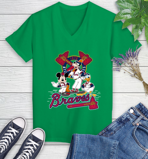 MLB Atlanta Braves Mickey Mouse Donald Duck Goofy Baseball T Shirt Women's V-Neck T-Shirt 5