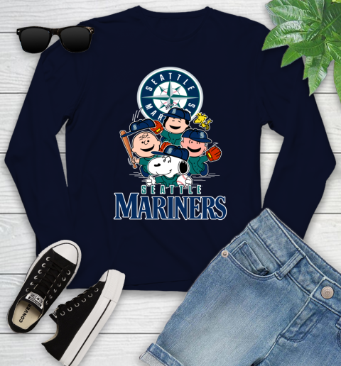 MLB Seattle Mariners Snoopy Charlie Brown Woodstock The Peanuts Movie Baseball T Shirt_000 Youth Long Sleeve 2