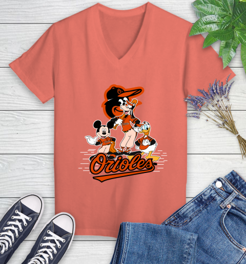 MLB Baltimore Orioles Mickey Mouse Donald Duck Goofy Baseball T Shirt Women's V-Neck T-Shirt 6