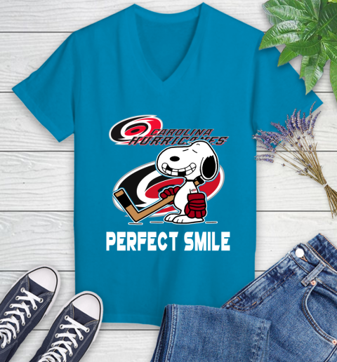 NHL Carolina Hurricanes Snoopy Perfect Smile The Peanuts Movie Hockey T Shirt Women's V-Neck T-Shirt 7