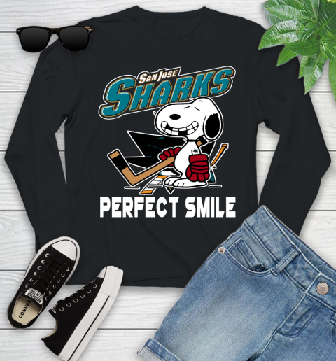 NHL San Jose Sharks Snoopy Perfect Smile The Peanuts Movie Hockey T Shirt Youth Long Sleeve