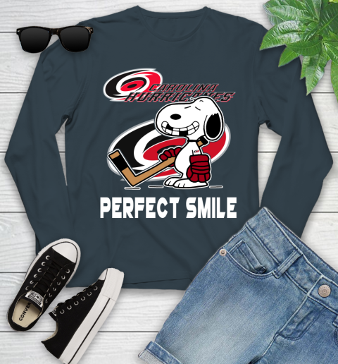NHL Carolina Hurricanes Snoopy Perfect Smile The Peanuts Movie Hockey T Shirt Youth Long Sleeve 9