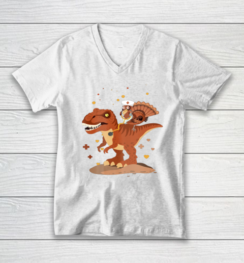 Funny Nurse Turkey Riding Dinosaur Happy Thanksgiving V-Neck T-Shirt
