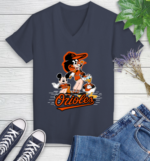 MLB Baltimore Orioles Mickey Mouse Donald Duck Goofy Baseball T Shirt Women's V-Neck T-Shirt 12