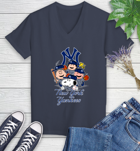 MLB New York Yankees Snoopy Charlie Brown Woodstock The Peanuts Movie Baseball T Shirt_000 Women's V-Neck T-Shirt 12