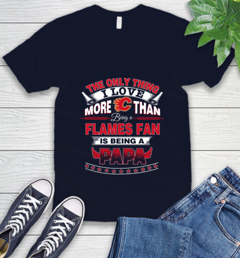 NHL The Only Thing I Love More Than Being A Calgary Flames Fan Is Being A Papa Hockey V-Neck T-Shirt 2