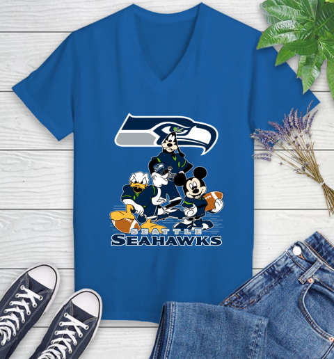NFL Seattle Seahawks Mickey Mouse Donald Duck Goofy Football Shirt Women's V-Neck T-Shirt 10