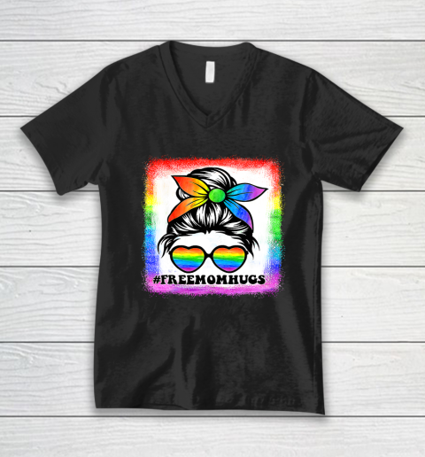 Free Mom Hugs Bleached Rainbow Messy Bun LGBT Pride V-Neck T-Shirt
