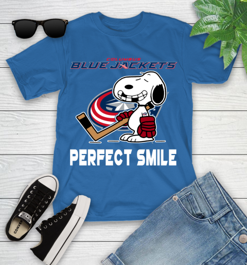 NHL Columbus Blue Jackets Snoopy Perfect Smile The Peanuts Movie Hockey T Shirt Youth T-Shirt 12