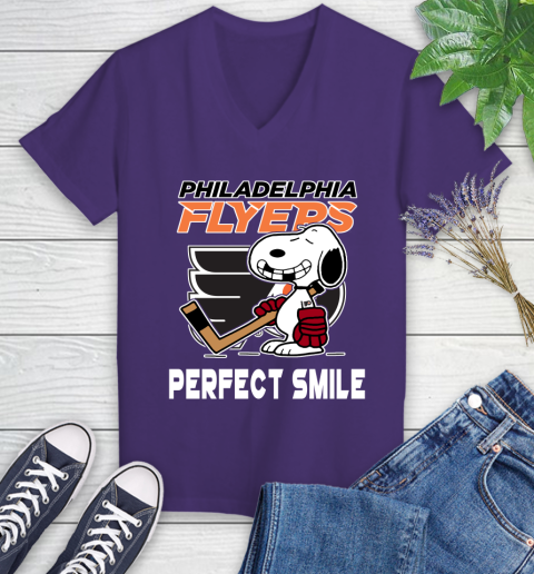 NHL Philadelphia Flyers Snoopy Perfect Smile The Peanuts Movie Hockey T Shirt Women's V-Neck T-Shirt 3