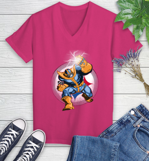 Pittsburgh Steelers NFL Football Thanos Avengers Infinity War Marvel Women's V-Neck T-Shirt 9