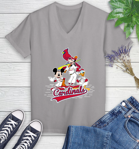 MLB St.Louis Cardinals Mickey Mouse Donald Duck Goofy Baseball T Shirt Women's V-Neck T-Shirt 4